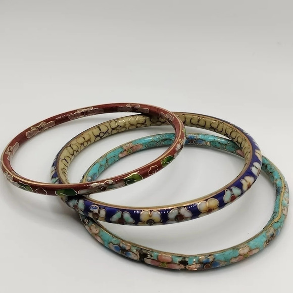 Set of 3 Cloisonne Gold tone Bangle Bracelet Multicolored - Picture 1 of 11